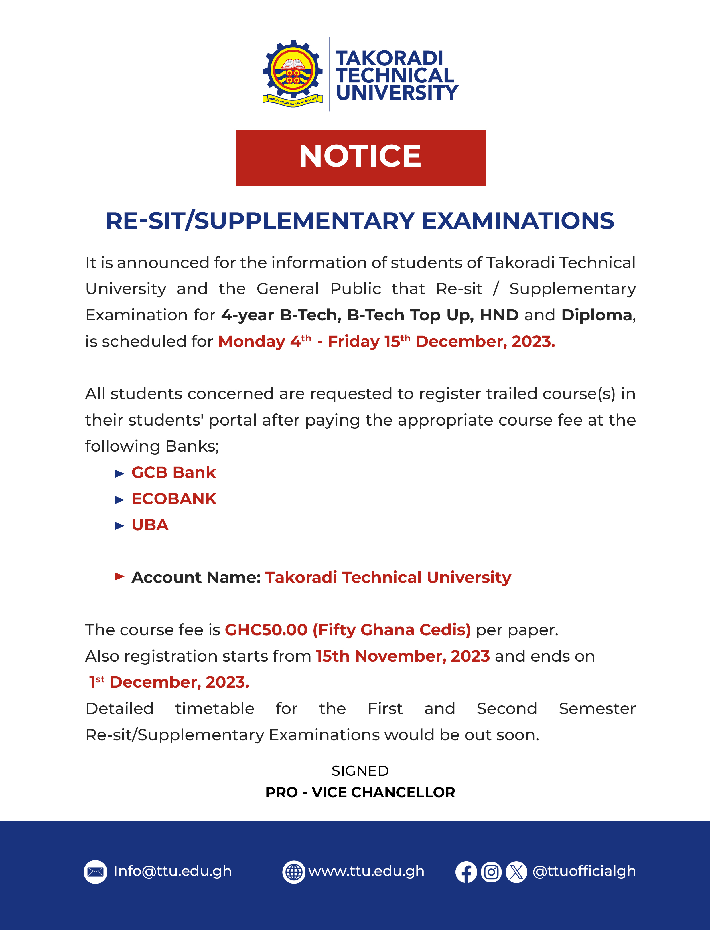 Registration for re-sit examinations - Takoradi Technical University